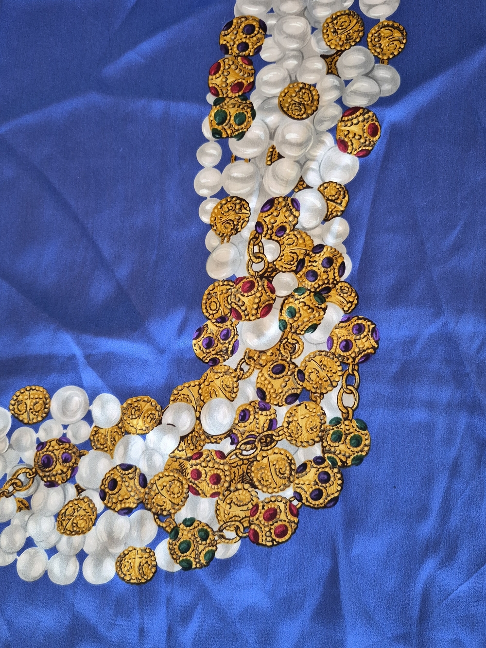 Vintage Chanel Blue Silk Scarf with Jewel Chain Border 33" Made In Italy - Picture 8 of 11